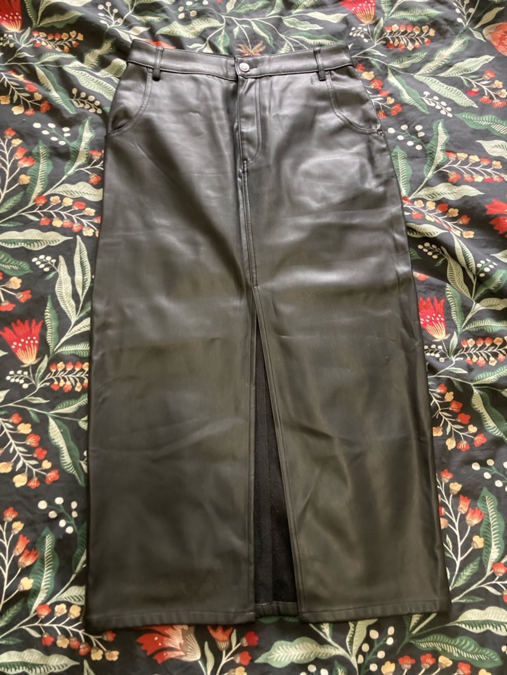 Zara Black Faux Leather Midi Skirt with Front Slit
